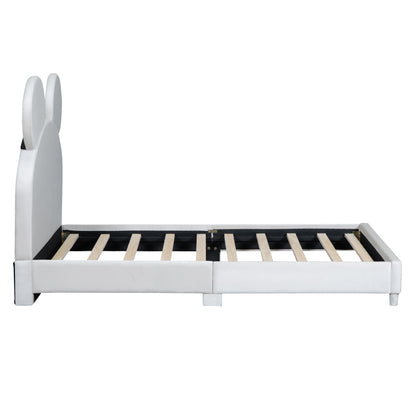 Upholstered Bed with Bear Ear Shaped Headboard, Beige