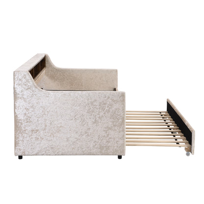 Twin Size Snowflake Velvet Bed with Built-in Storage Shelves, Beige
