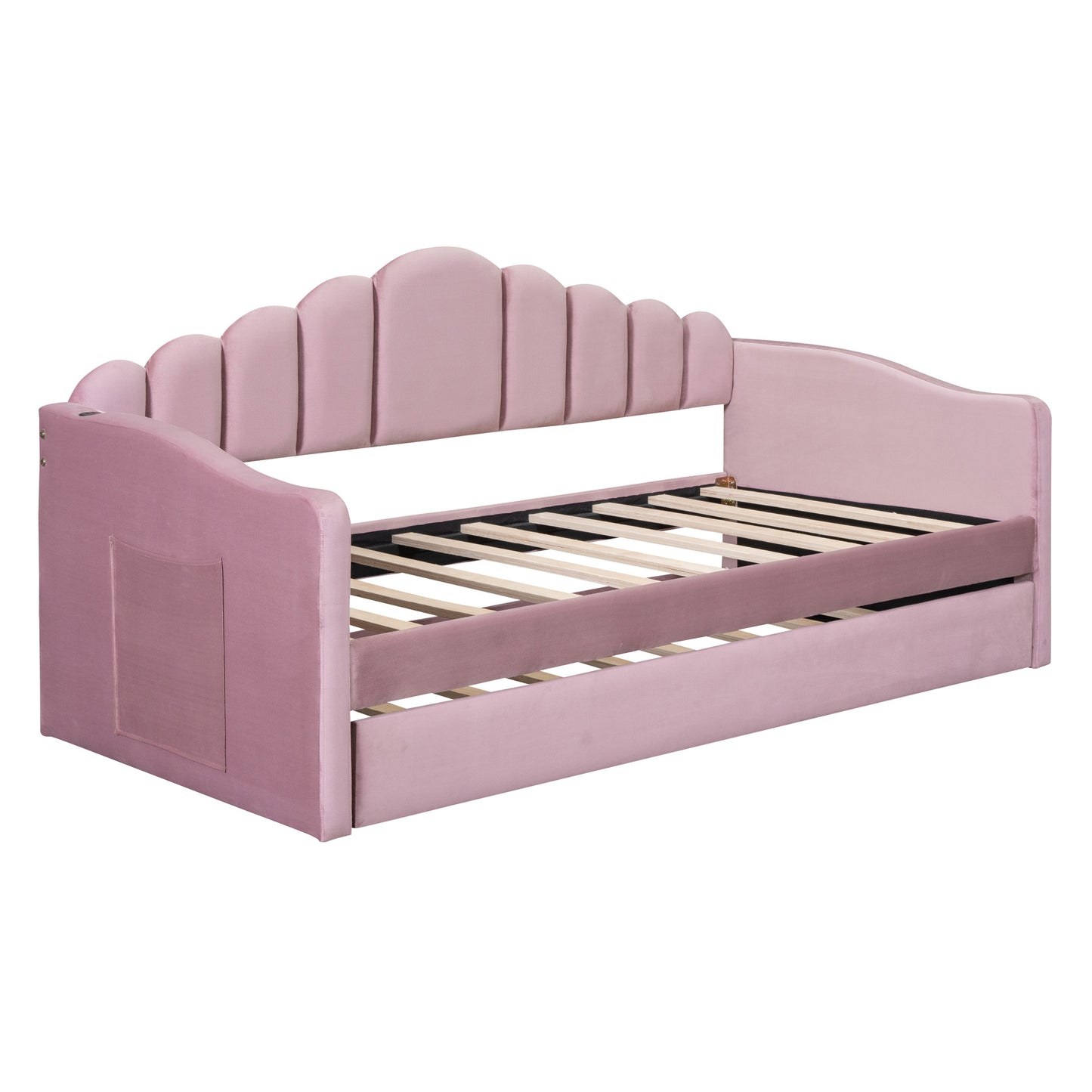 upholstered daybed with trundle & usb charging ports, pink