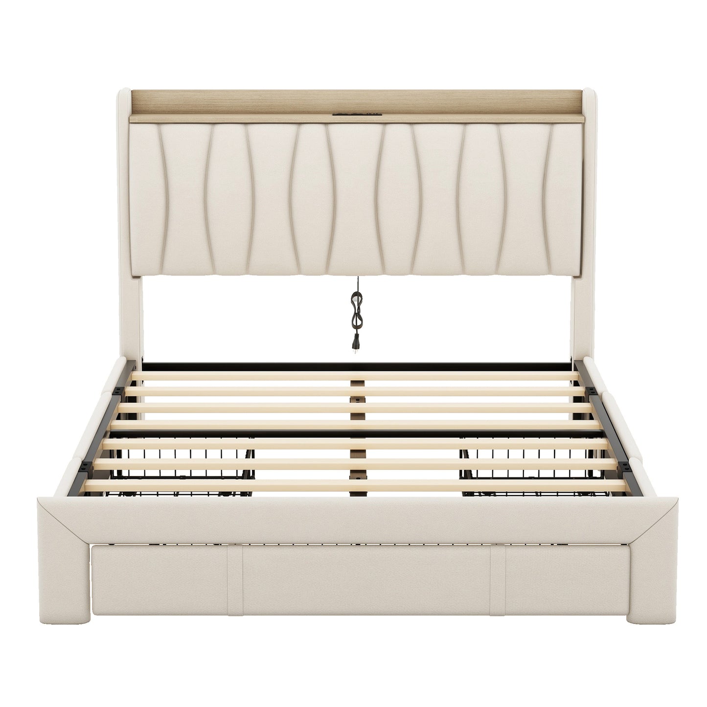 queen size bed frame with storage headboard and charging station, beige