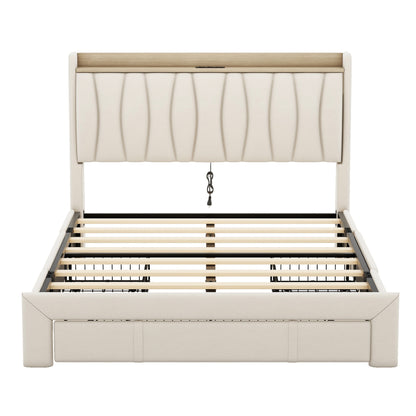 Queen Size Bed Frame with Storage Headboard and Charging Station, Beige