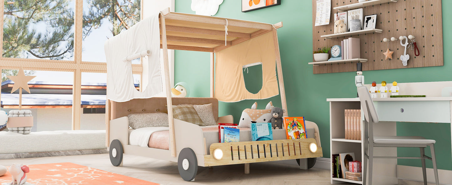 wooded car bed with pillow, ceiling cloth and led lights