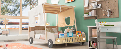 Wooded Car Bed with Pillow, Ceiling Cloth and LED Lights