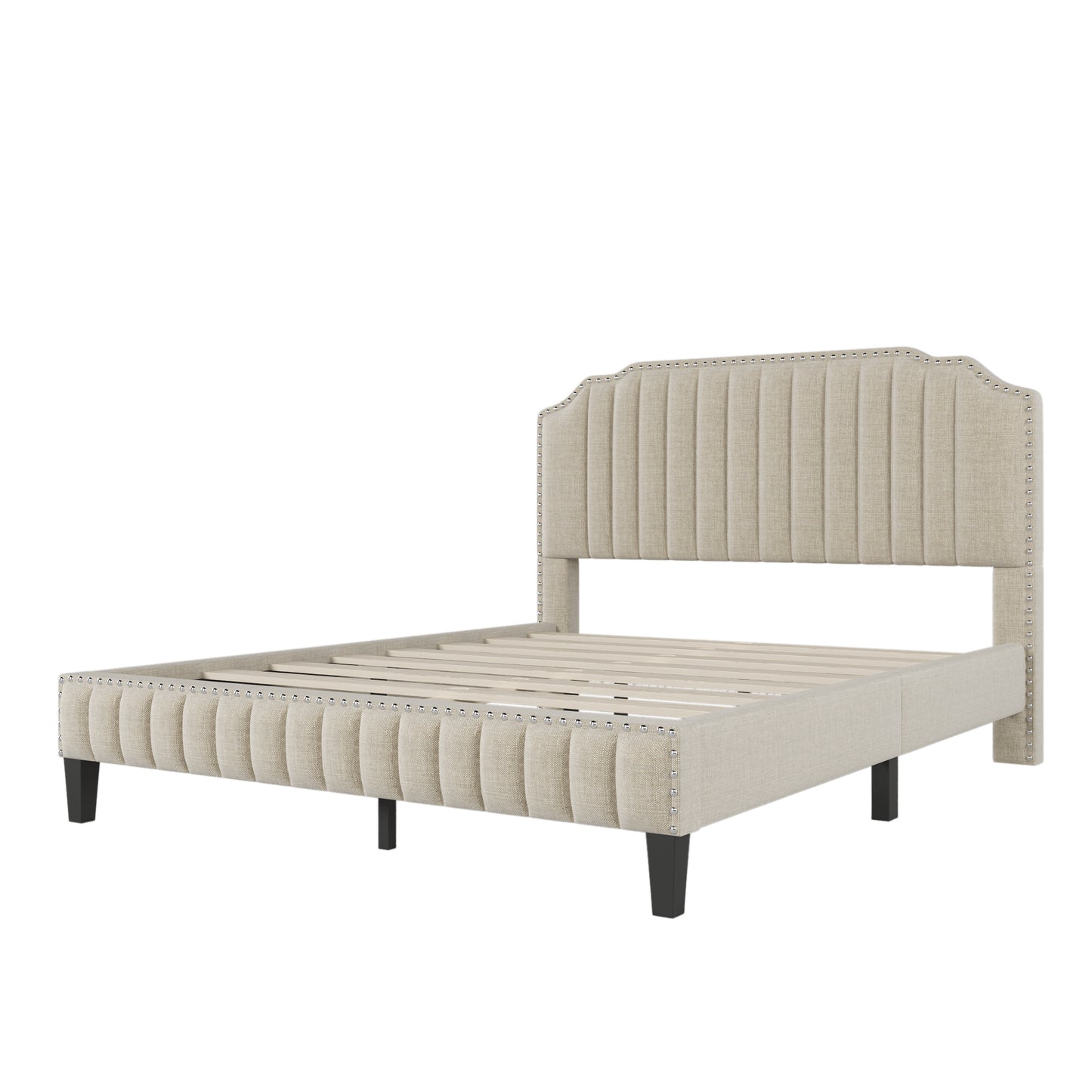 3 pieces bedroom set modern linen curved upholstered beige platform queen bed with two black cherry nightstands