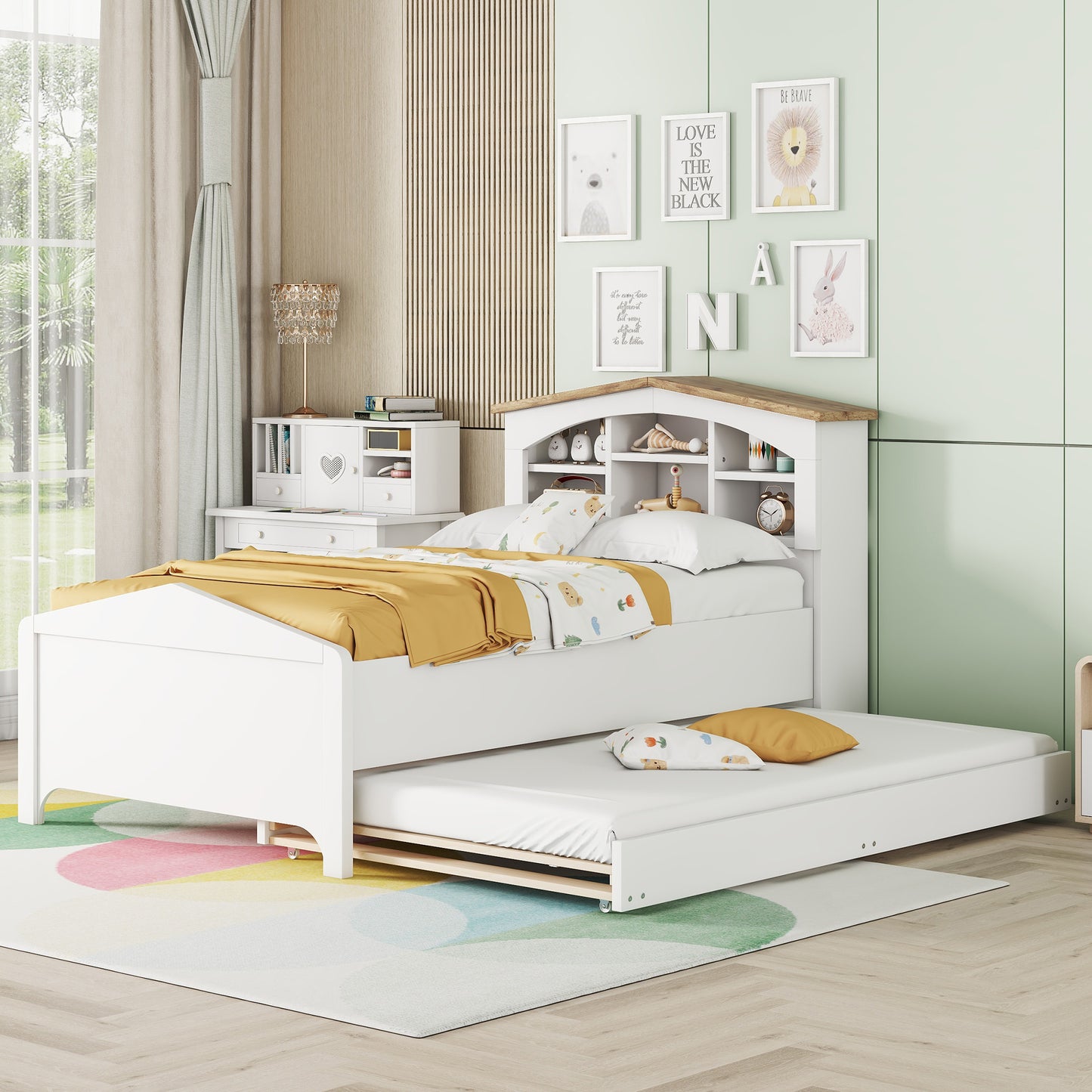 house-shaped bed with storage headboard and trundle, white