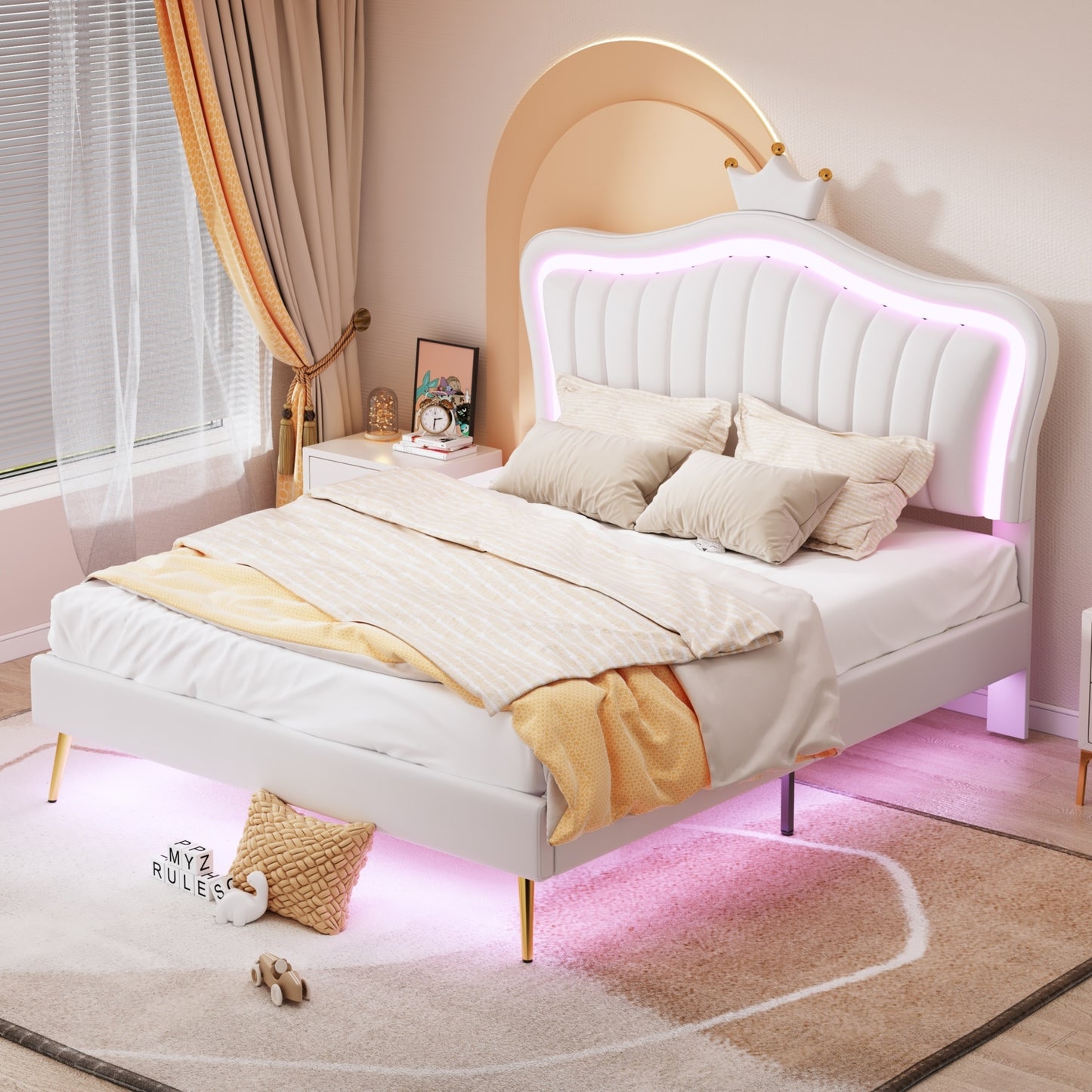 modern upholstered princess bed with crown headboard and led lights, white