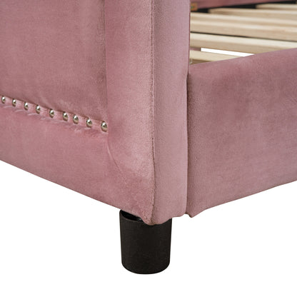 Twin Size Upholstered Daybed with Classic Stripe Shaped Headboard, Pink