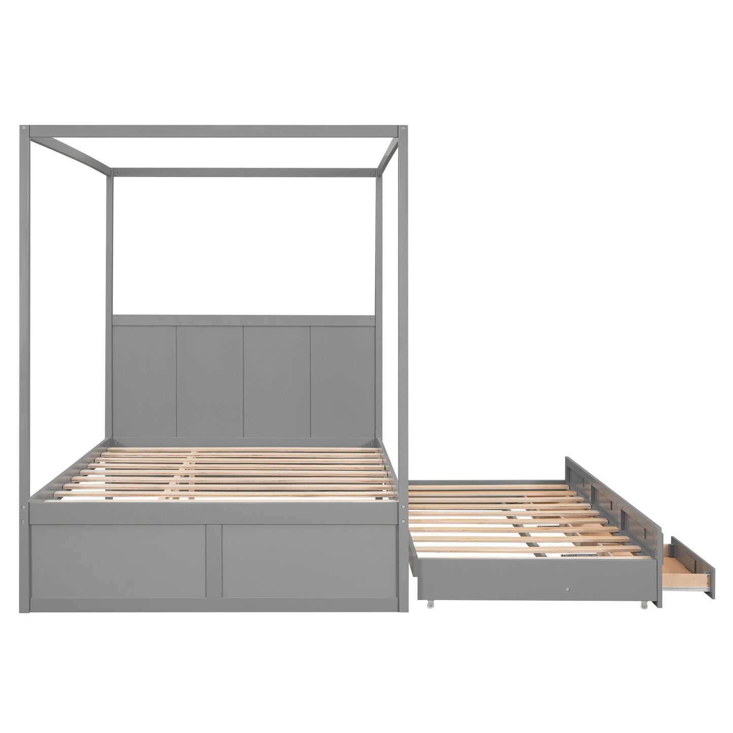 queen size canopy platform bed with twin size trundle and three storage drawers,gray