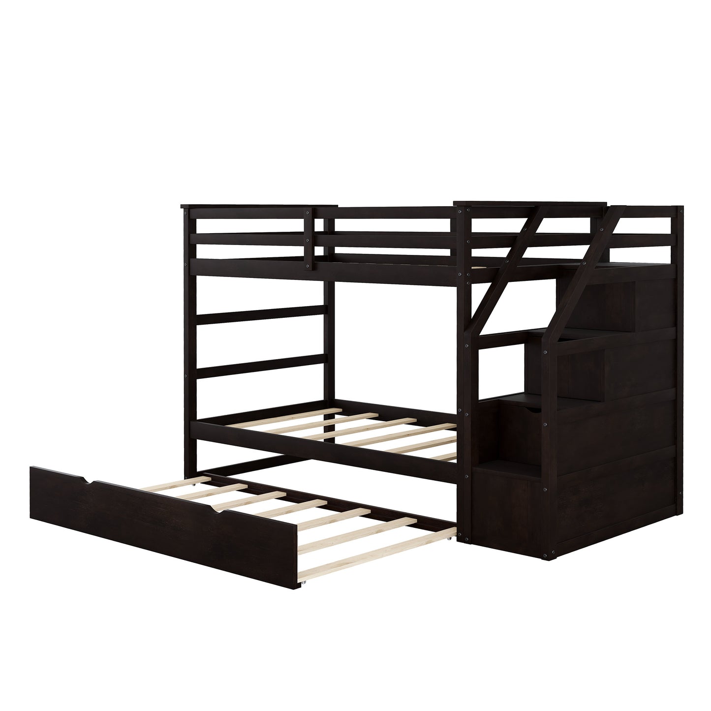 twin-over-twin bunk bed with twin size trundle and 3 storage stairs, espresso
