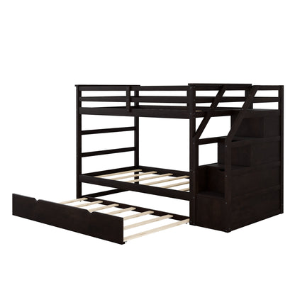 Twin-Over-Twin Bunk Bed with Twin Size Trundle and 3 Storage Stairs, Espresso