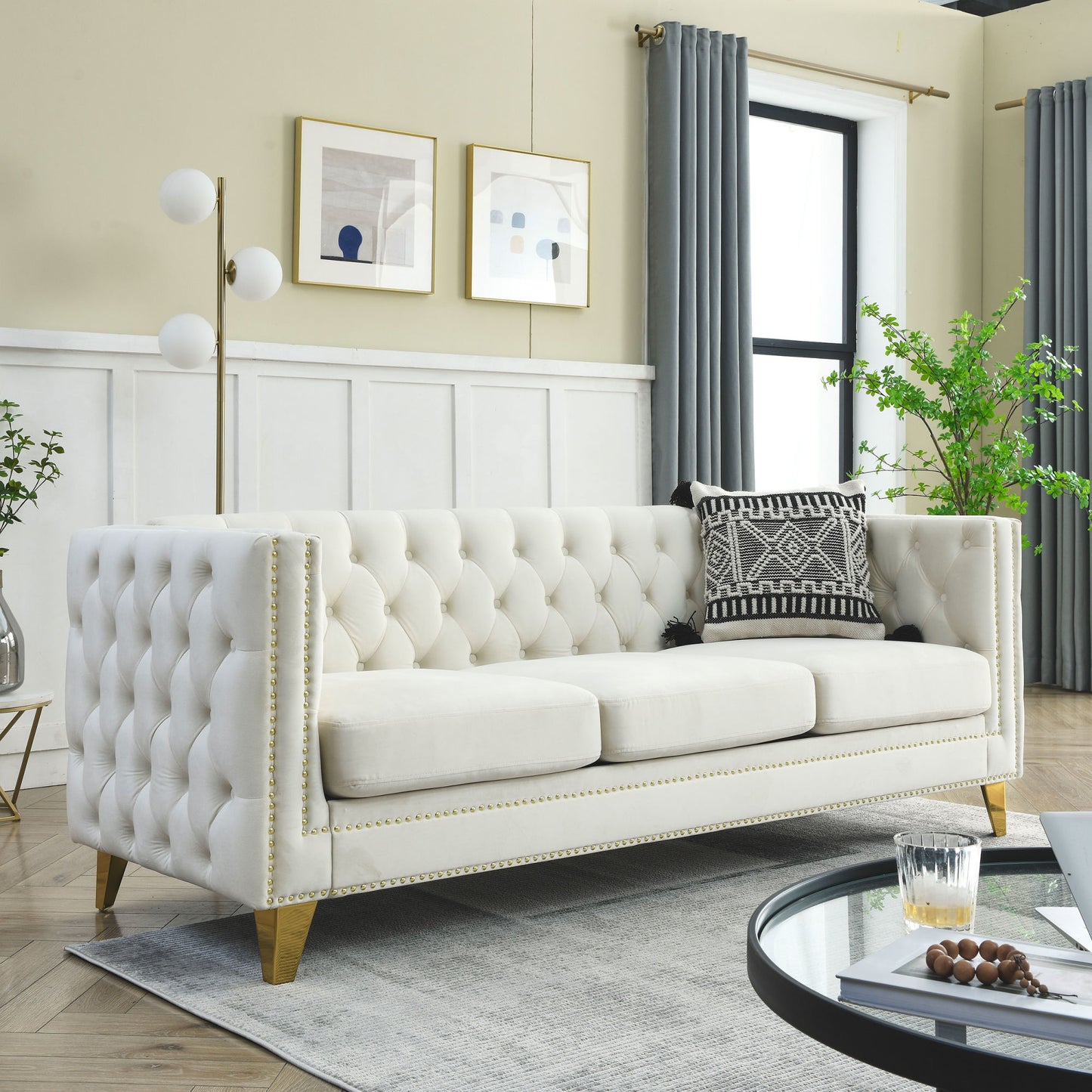 kate velvet upholstered sofa, beige velvet