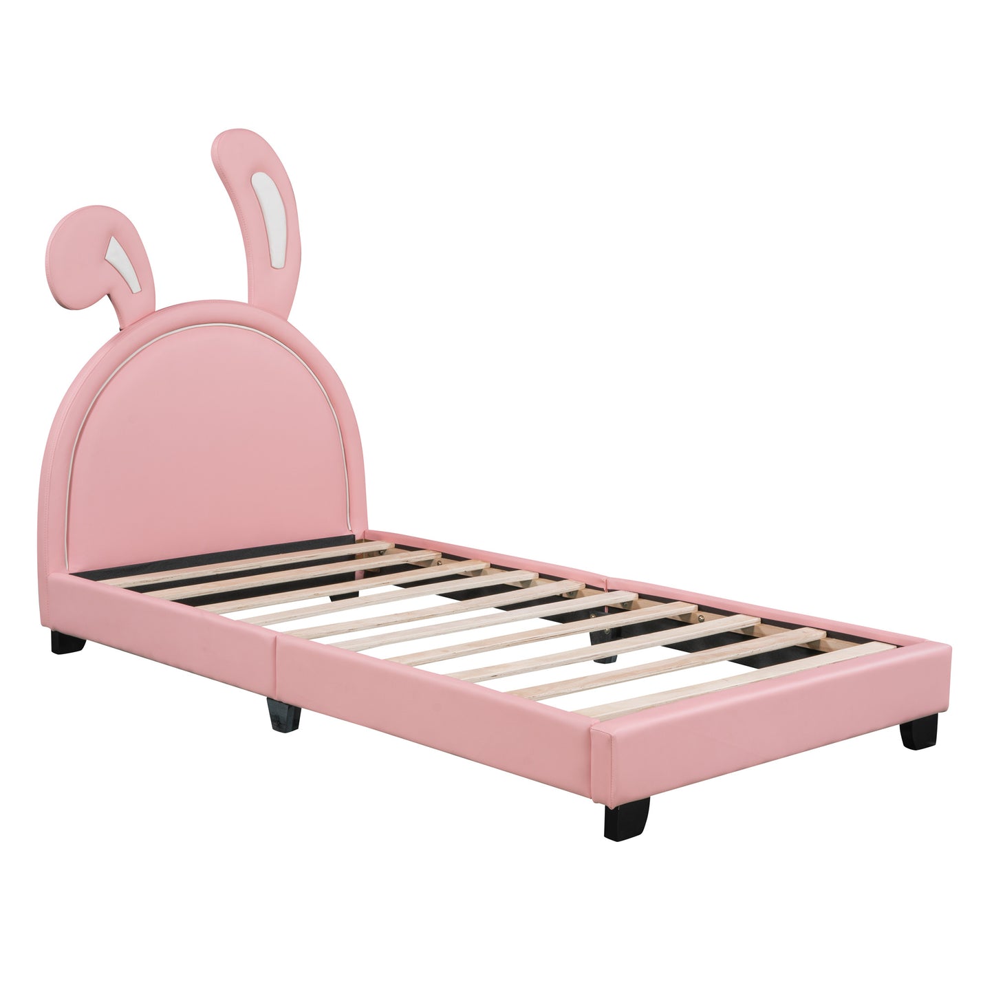 twin size upholstered leather platform bed with rabbit ornament, pink