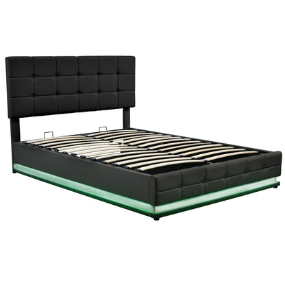 Tufted Upholstered Platform Bed with Hydraulic Storage System, LED Lights, and USB charger, Black