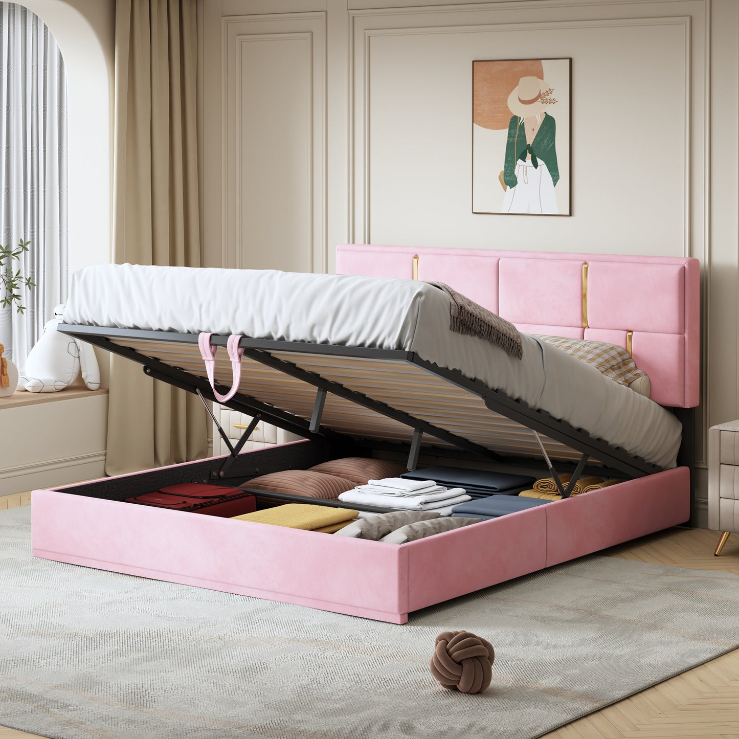upholstered platform bed with hydraulic storage system, pink