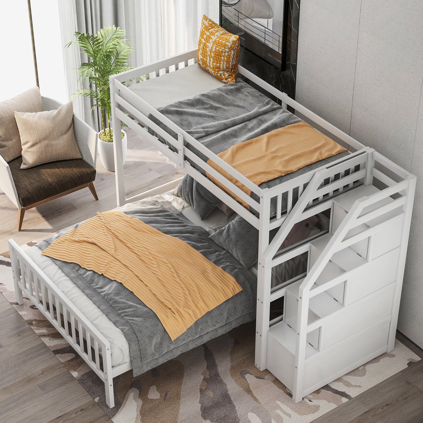 twin over full loft bed with staircase,gray