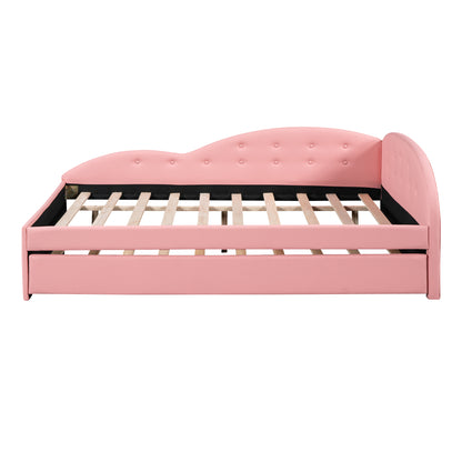 PU Upholstered Tufted Daybed with Trundle and Cloud Shaped Guardrail, Pink