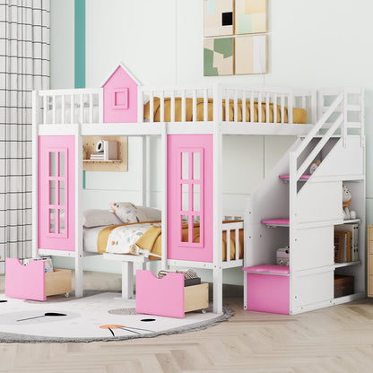 Full-Over-Full Bunk Bed with Changeable Table, Pink