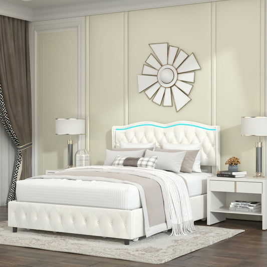 Velvet Upholstered Bed with Deep Tufted Buttons, Adjustable Colorful LED Light Decorative Headboard, Bed Sides with Pull-Out Storage 4 Drawers, Beige