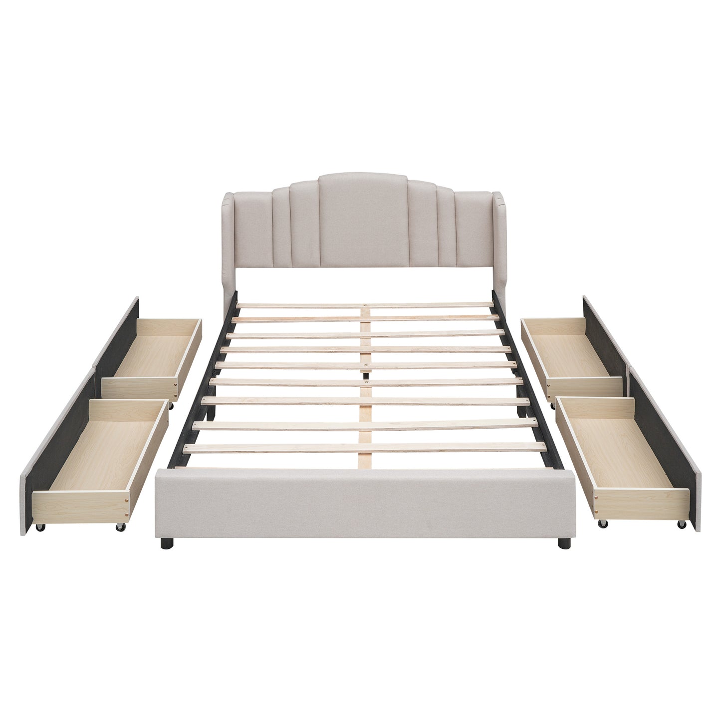 mie upholstered platform bed with wingback headboard and 4 drawers