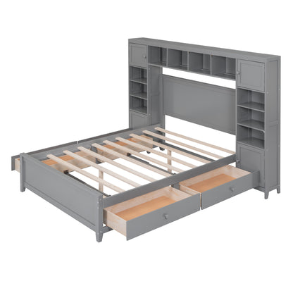Wooden Bed With All-in-One Cabinet and Shelf