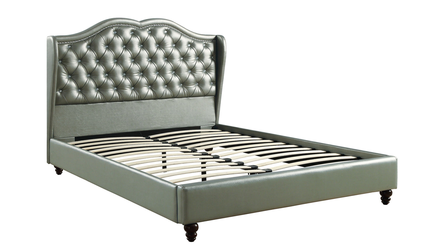 faux leather upholstered wingback design bed, silver