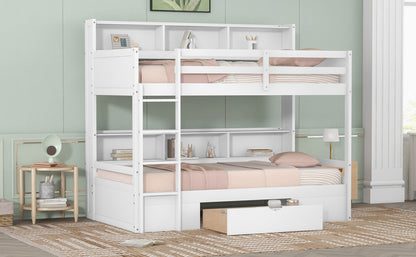 Twin Size Bunk Bed with Built-in Shelves, White