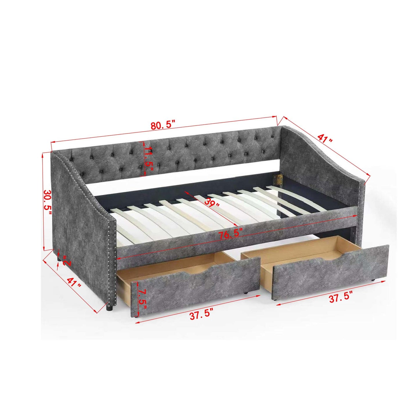 upholstered tufted sofa bed with drawers in grey