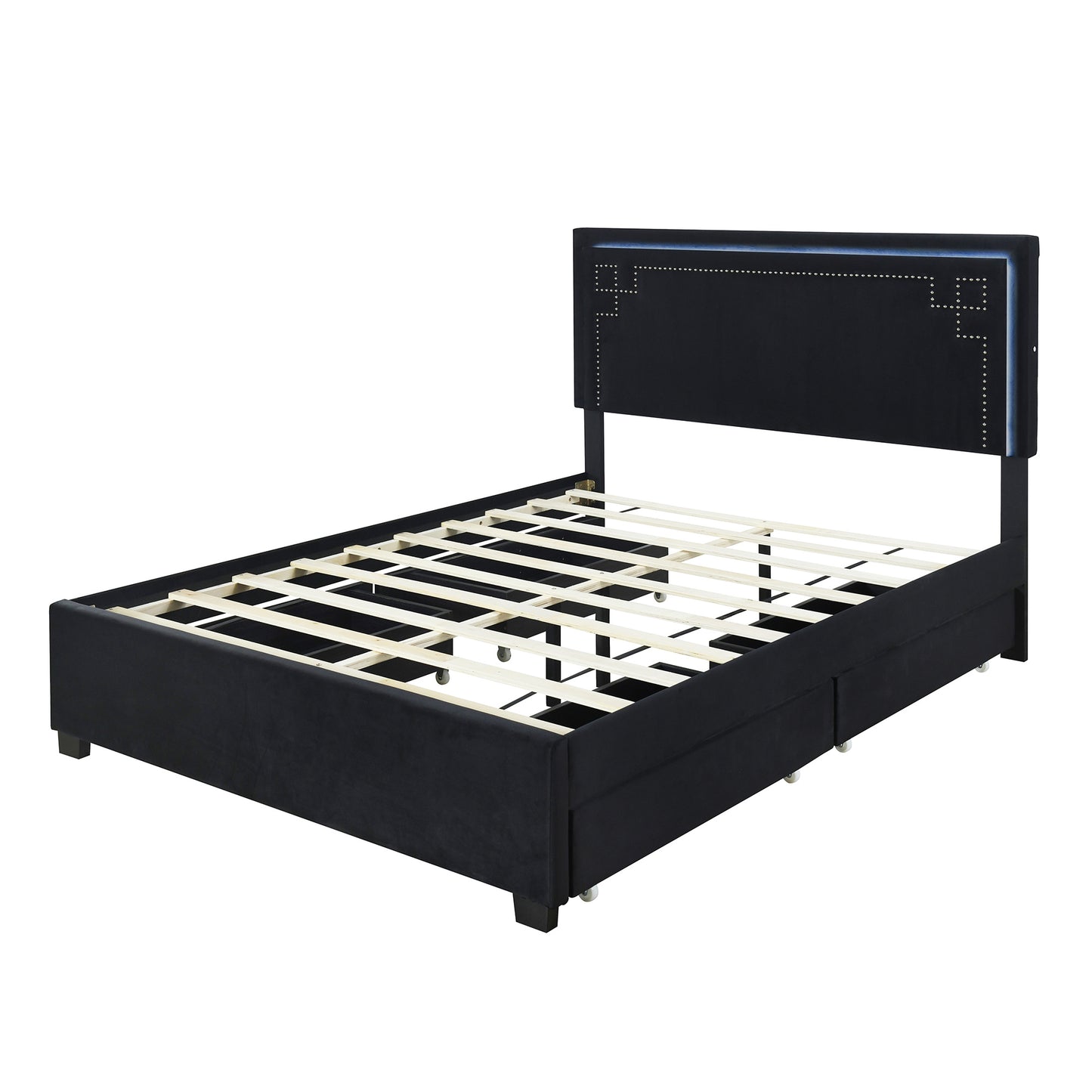 upholstered platform bed with rivet-decorated headboard, led bed frame and 4 drawers, black