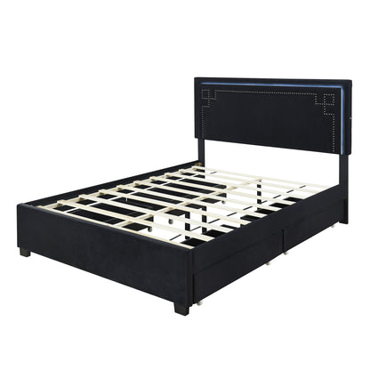 Upholstered Platform Bed with Rivet-decorated Headboard, LED bed frame and 4 Drawers, Black