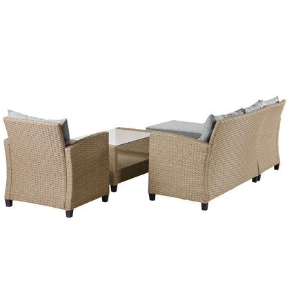 4 Piece Wicker Ratten Sectional Sofa Set with Seat Cushions, Beige Brown