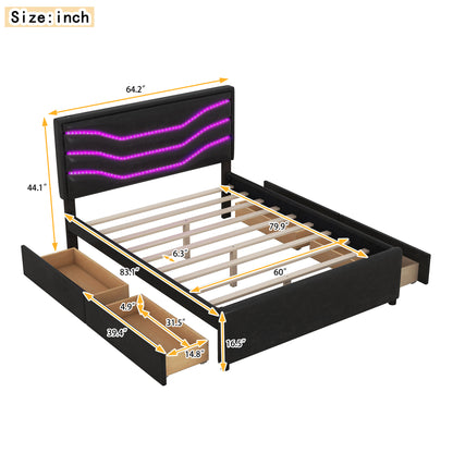 Retro Upholstered Storage Platform Bed with LED, 4 Drawers and USB Charging, Black