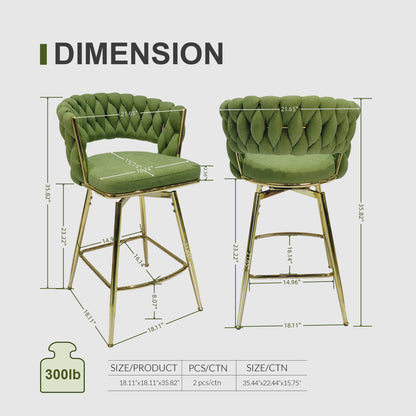 Bar Chair Linen Woven Bar Stool Set of 4, Green