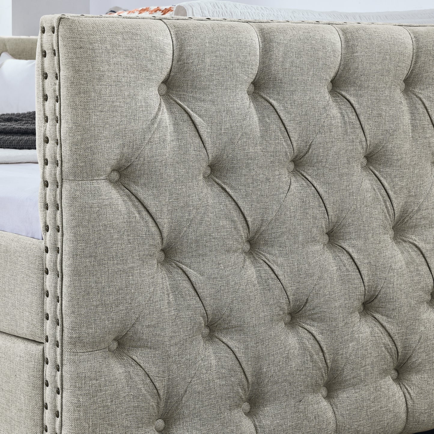 upholstered full size bed with two drawers, beige
