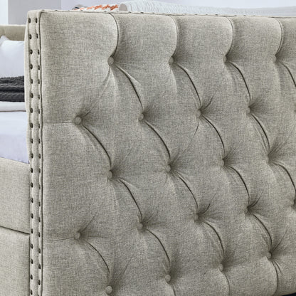 Upholstered Full Size Bed with Two Drawers, Beige