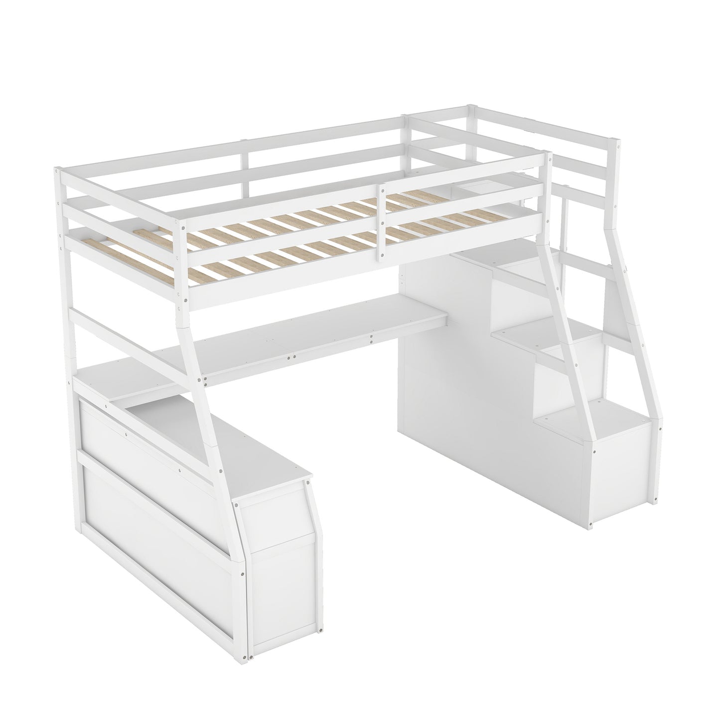 twin size loft bed with 7 drawers 2 shelves and desk - white