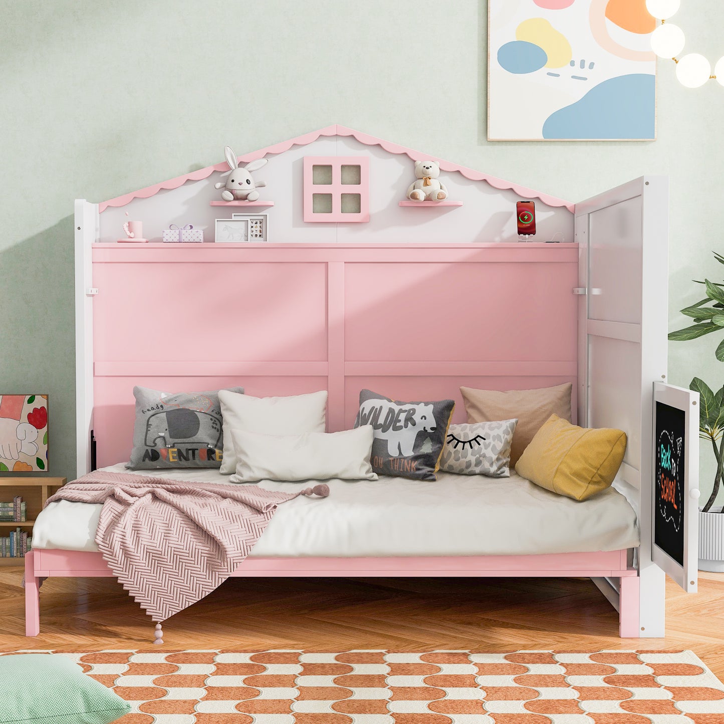 house murphy bed with usb, storage shelves and blackboard, pink+white