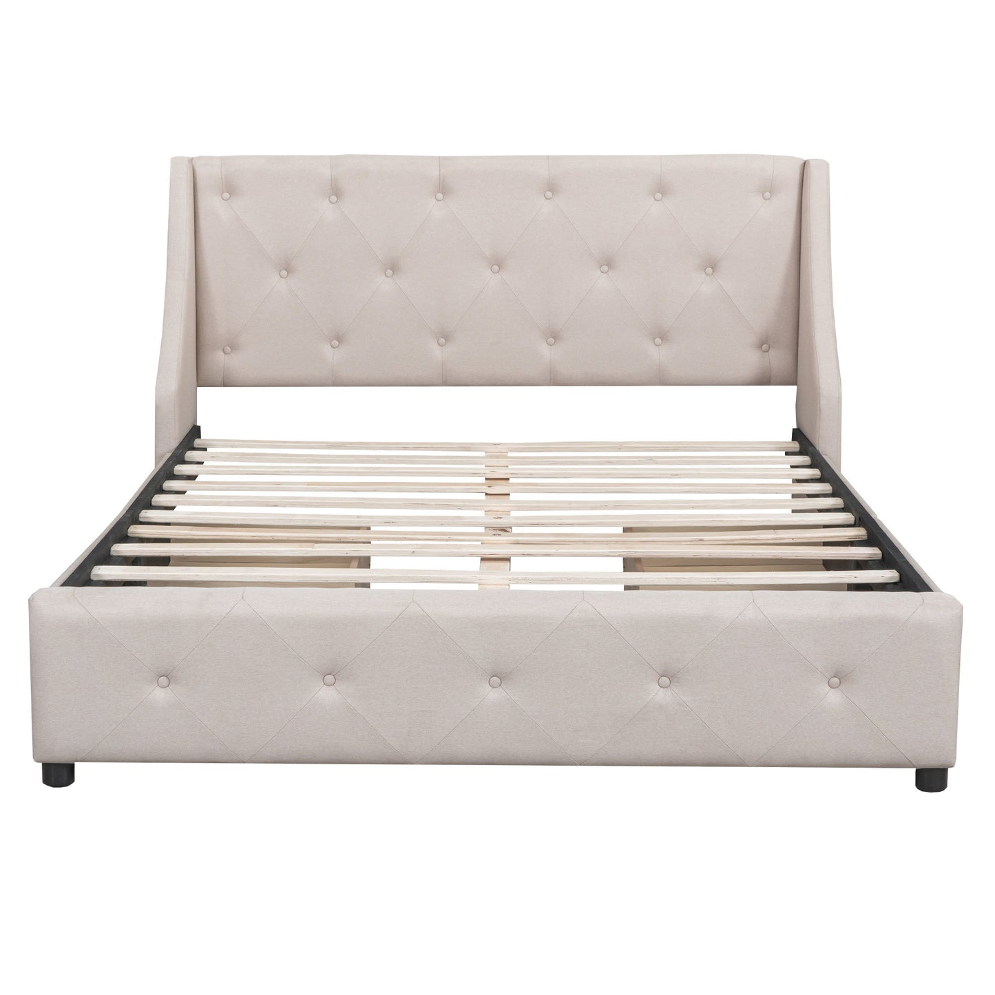 upholstered platform bed with wingback tufted headboard and 4 drawers, beige