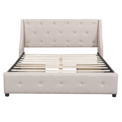 Upholstered Platform Bed with Wingback Tufted Headboard and 4 Drawers, Beige