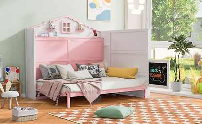 House Murphy Bed with USB, Storage Shelves and Blackboard, Pink+White