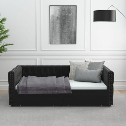 Velvet Upholstered Tufted Bed with Drawers, Black