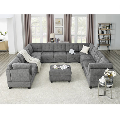 U shape Modular Sectional Sofa includes Seven Single Chair, Four Corner and One Ottoman, Grey