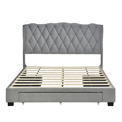 Velvet Upholstered Platform Bed with Tufted Headboard and 3 Drawers, Gray