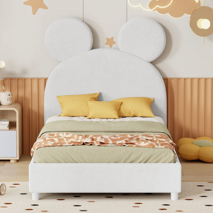 Upholstered Bed with Bear Ear Shaped Headboard, Beige