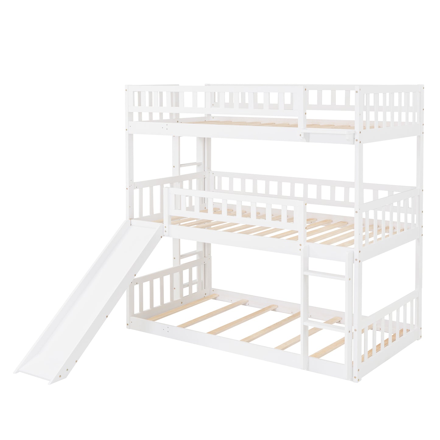 twin-over-twin-over-twin triple bed with built-in ladder and slide