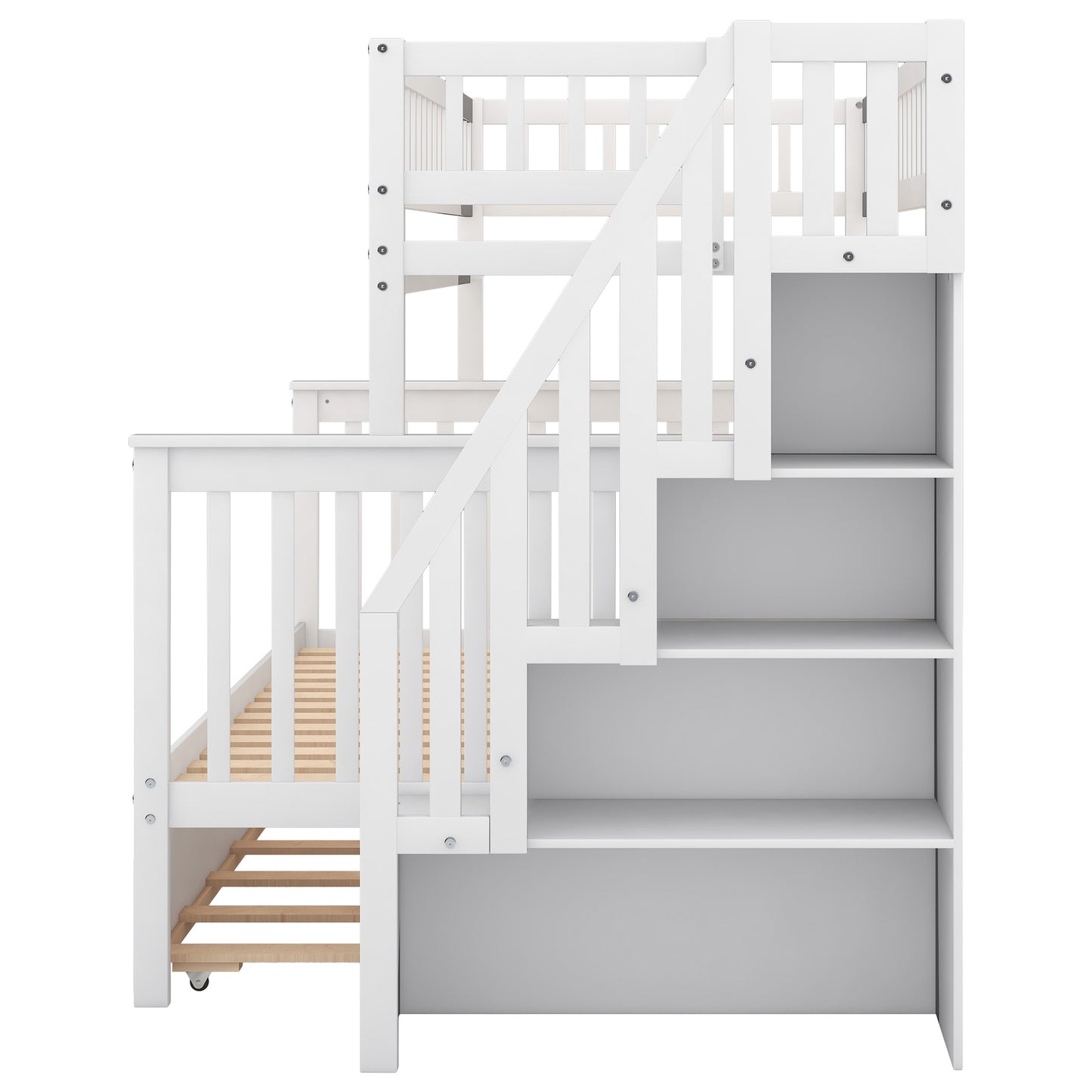 twin over full bunk bed with trundle and staircase,white