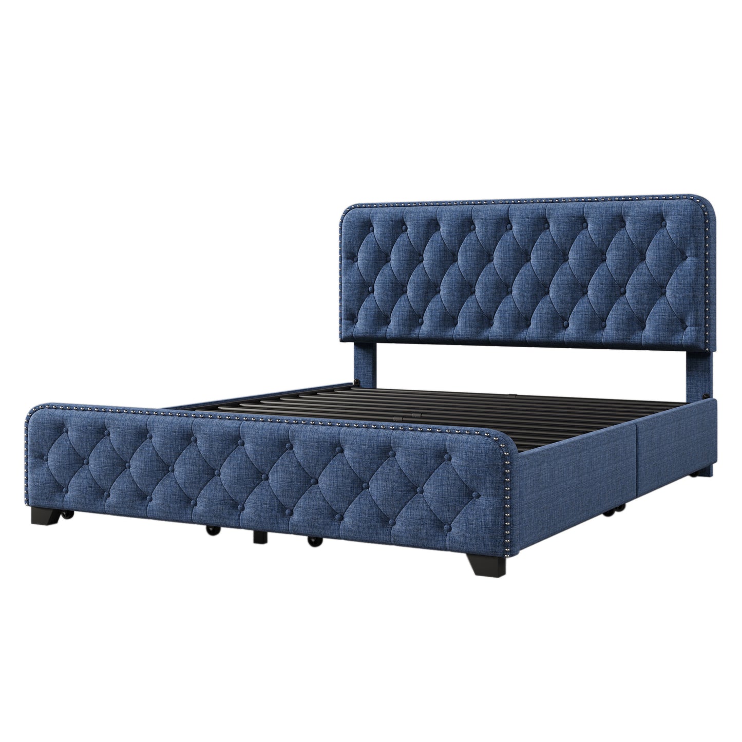 sara upholstered platform bed frame with four drawers, blue