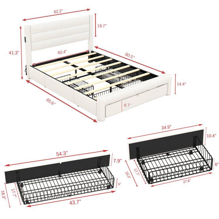 leather upholstered platform bed with drawer storage & charging station, white