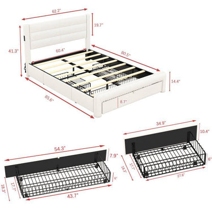 Leather Upholstered Platform Bed with Drawer Storage & Charging Station, White