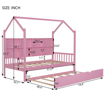 Wooden House Bed with Trundle, Pink
