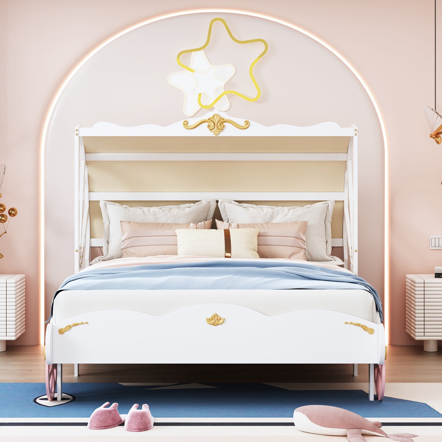 princess carriage bed with canopy, white+pink+gold